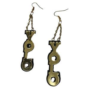 'YOLO' Shiny Gold And Black Dangle Earrings NEW